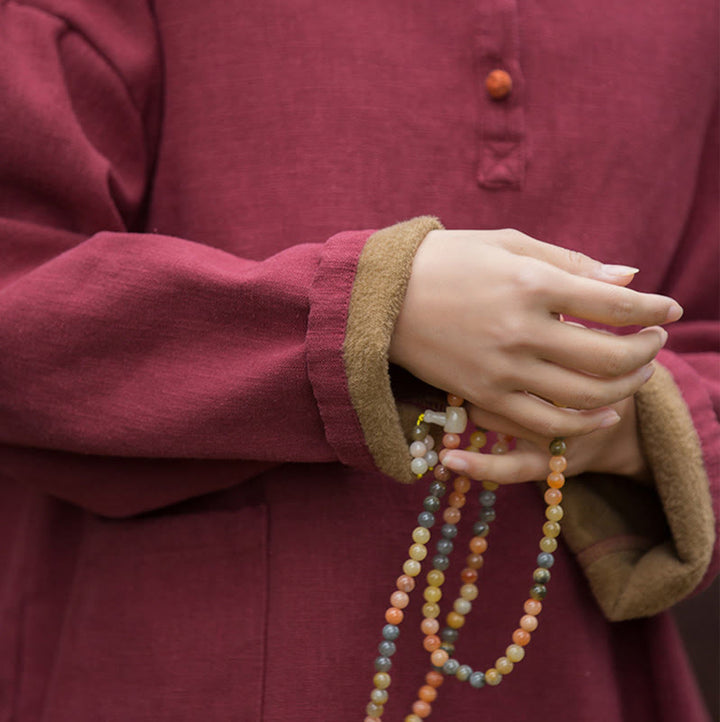 Buddha Stones Retro Einfarbig Thermo Langarm Ramie Leinen Damen Hemd - image 24