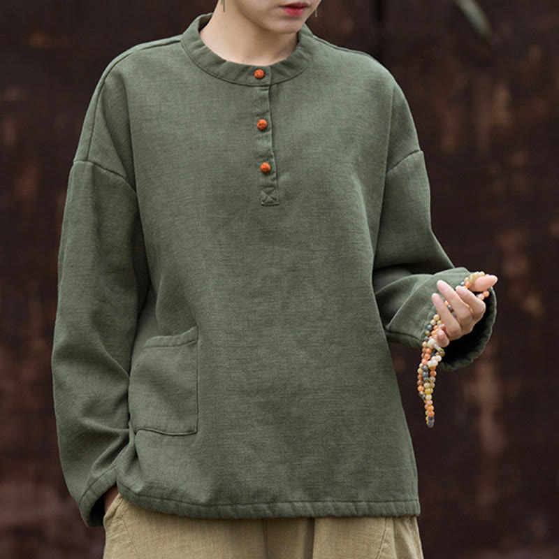 Buddha Stones Retro Einfarbig Thermo Langarm Ramie Leinen Damen Hemd - image 11