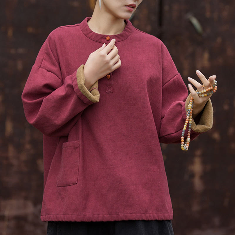 Buddha Stones Retro Einfarbig Thermo Langarm Ramie Leinen Damen Hemd - image 22