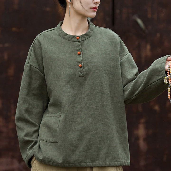Buddha Stones Retro Einfarbig Thermo Langarm Ramie Leinen Damen Hemd - image 14