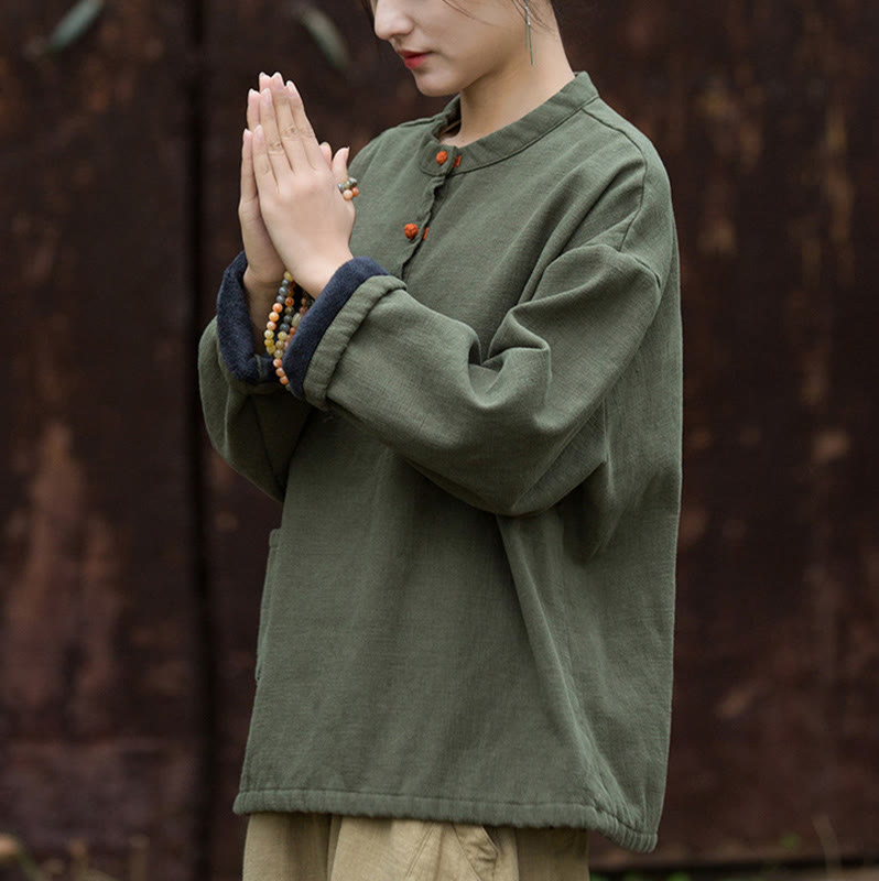 Buddha Stones Retro Einfarbig Thermo Langarm Ramie Leinen Damen Hemd - image 12