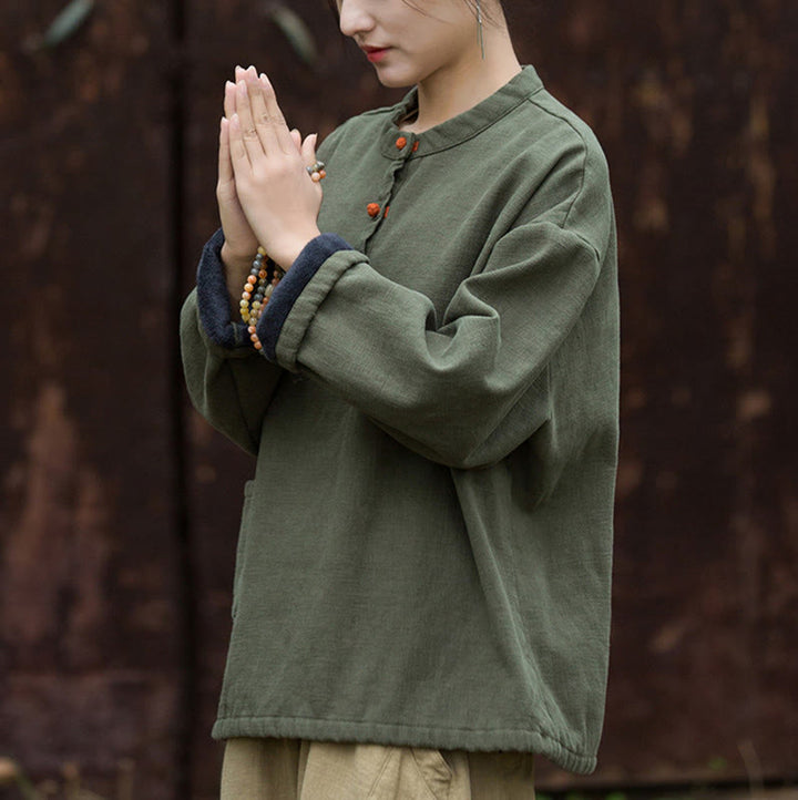 Buddha Stones Retro Einfarbig Thermo Langarm Ramie Leinen Damen Hemd - image 12