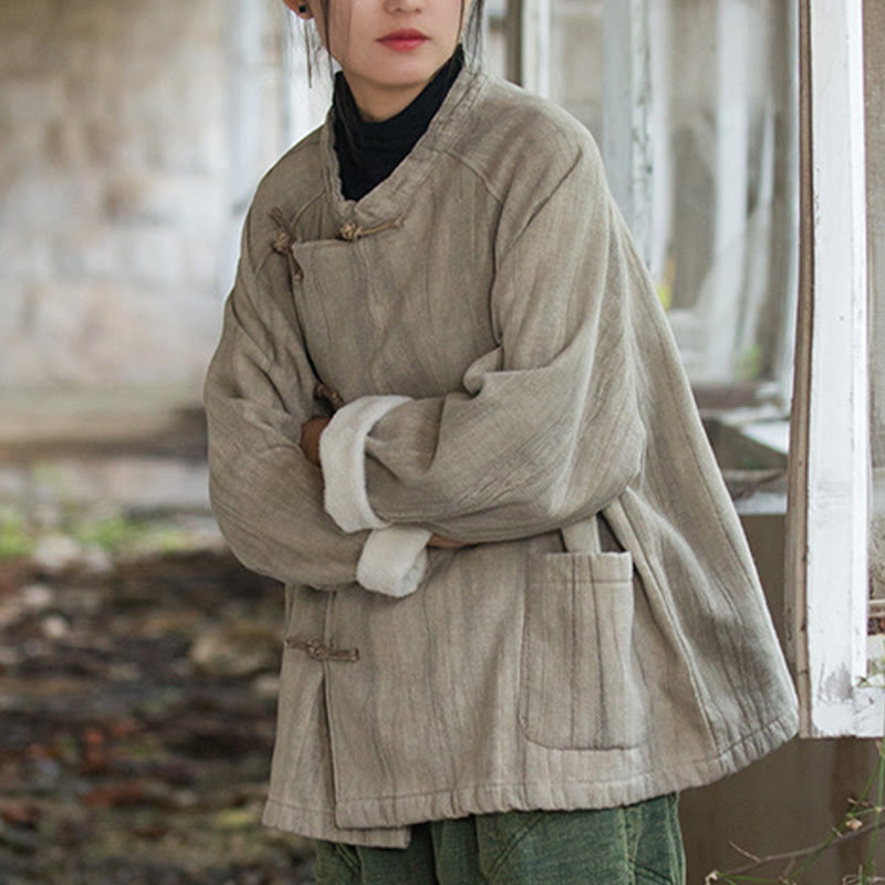 Buddha Stones Einfarbiges Thermo-Langarm-Damenhemd aus Ramie-Leinen mit Froschknopf - image 7