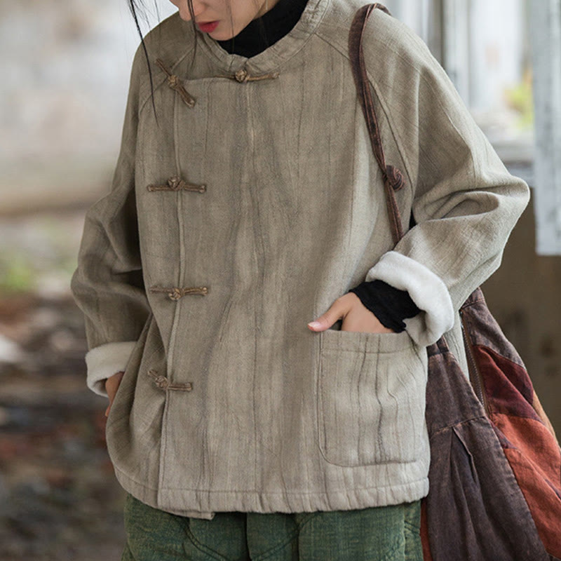 Buddha Stones Einfarbiges Thermo-Langarm-Damenhemd aus Ramie-Leinen mit Froschknopf - image 1