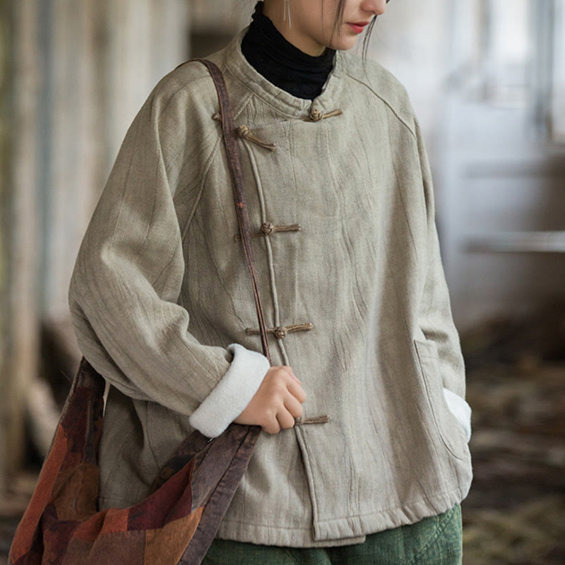 Buddha Stones Einfarbiges Thermo-Langarm-Damenhemd aus Ramie-Leinen mit Froschknopf - image 6