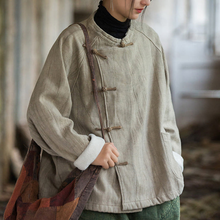 Buddha Stones Einfarbiges Thermo-Langarm-Damenhemd aus Ramie-Leinen mit Froschknopf - image 6