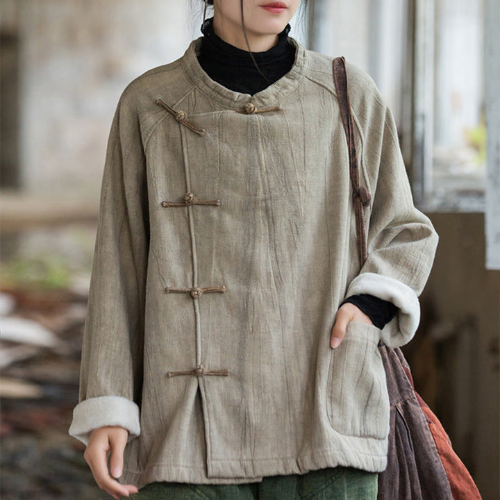 Buddha Stones Einfarbiges Thermo-Langarm-Damenhemd aus Ramie-Leinen mit Froschknopf - Hafer - US4-12, UK/AU8-16, EU36-44 (F) - image 0