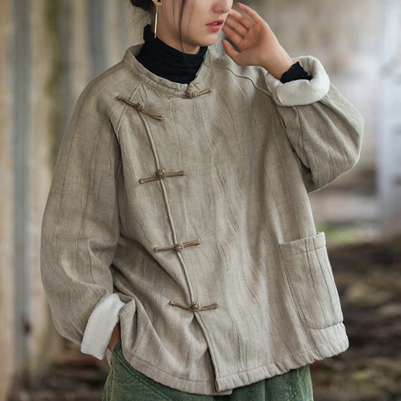 Buddha Stones Einfarbiges Thermo-Langarm-Damenhemd aus Ramie-Leinen mit Froschknopf - image 3