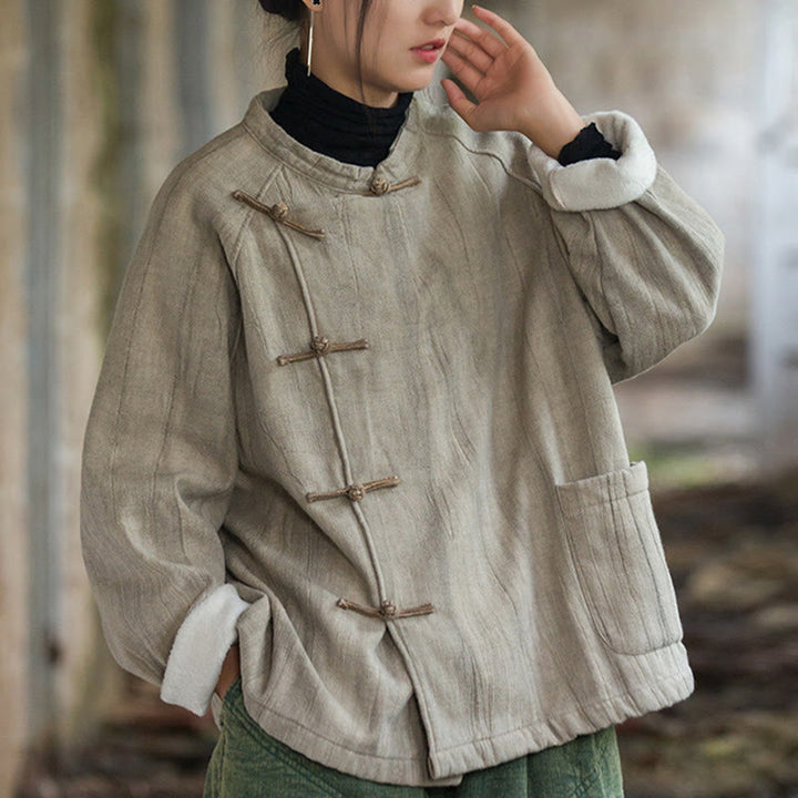 Buddha Stones Einfarbiges Thermo-Langarm-Damenhemd aus Ramie-Leinen mit Froschknopf - image 3