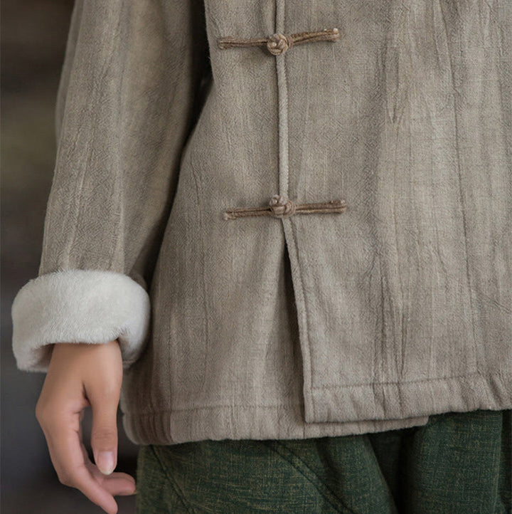 Buddha Stones Einfarbiges Thermo-Langarm-Damenhemd aus Ramie-Leinen mit Froschknopf - image 9