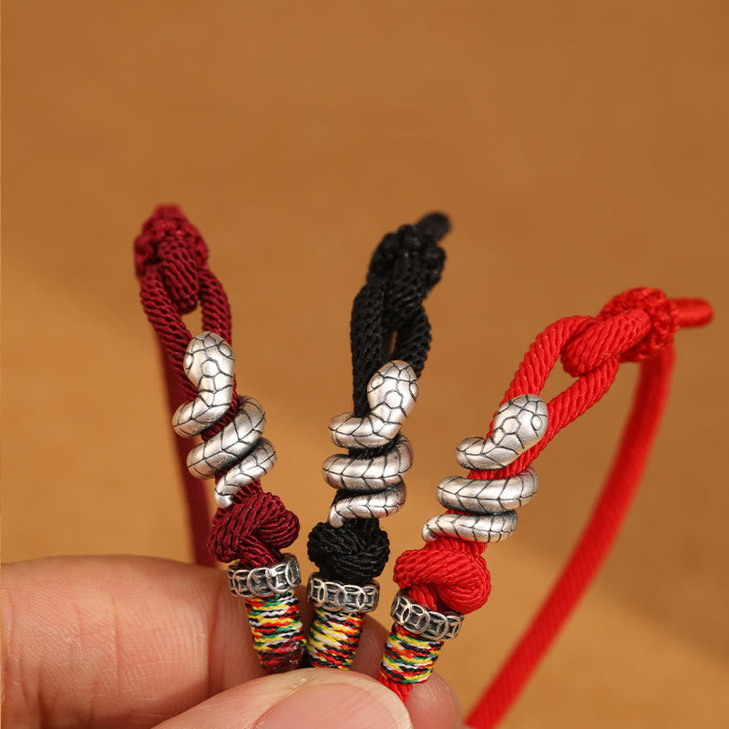 Buddha Stones Red String 925 Sterling Silber Jahr der Schlange Münze Ring Schlange Glück Armband - image 1