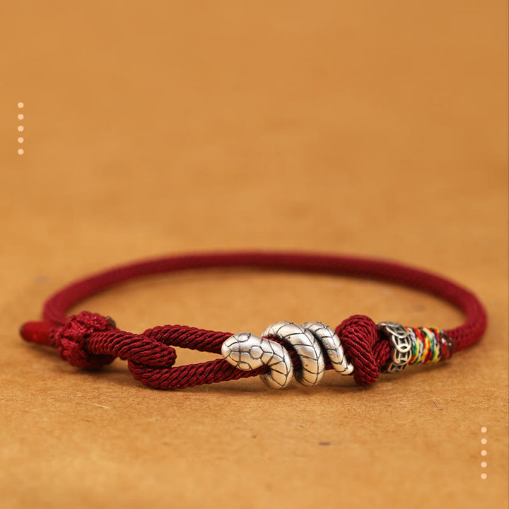 Buddha Stones Red String 925 Sterling Silber Jahr der Schlange Münze Ring Schlange Glück Armband - Dunkelrot - 18-20 cm - image 0