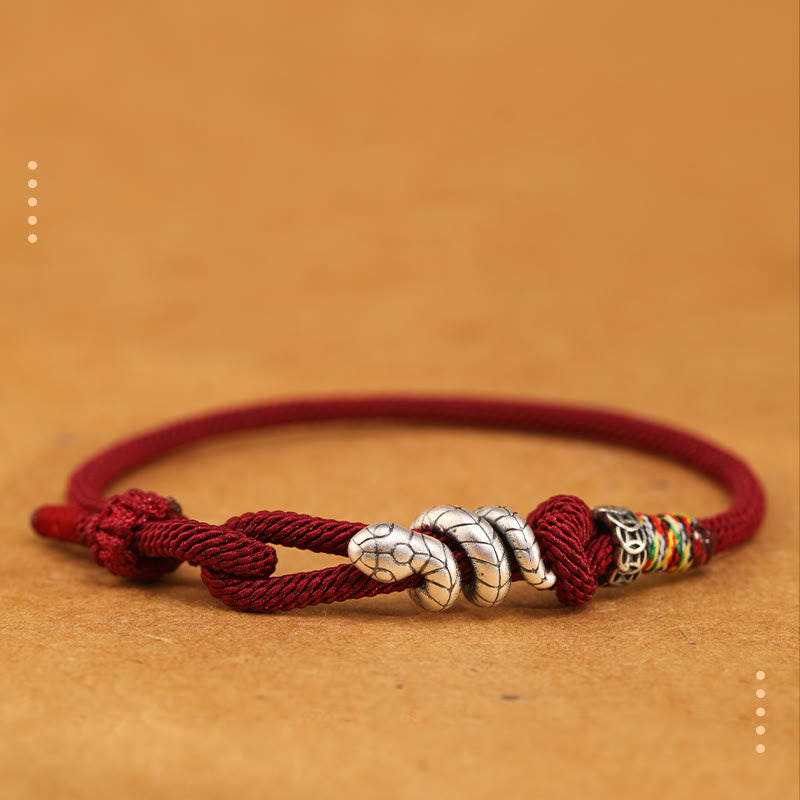 Buddha Stones Red String 925 Sterling Silber Jahr der Schlange Münze Ring Schlange Glück Armband - Dunkelrot - 18-20 cm - image 0