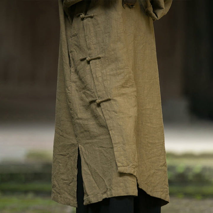 Buddha Stones – Einfarbiges, langärmliges Midikleid aus Ramie-Leinen mit Froschknöpfen