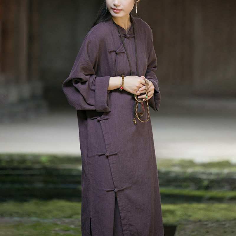 Buddha Stones – Einfarbiges, langärmliges Midikleid aus Ramie-Leinen mit Froschknöpfen