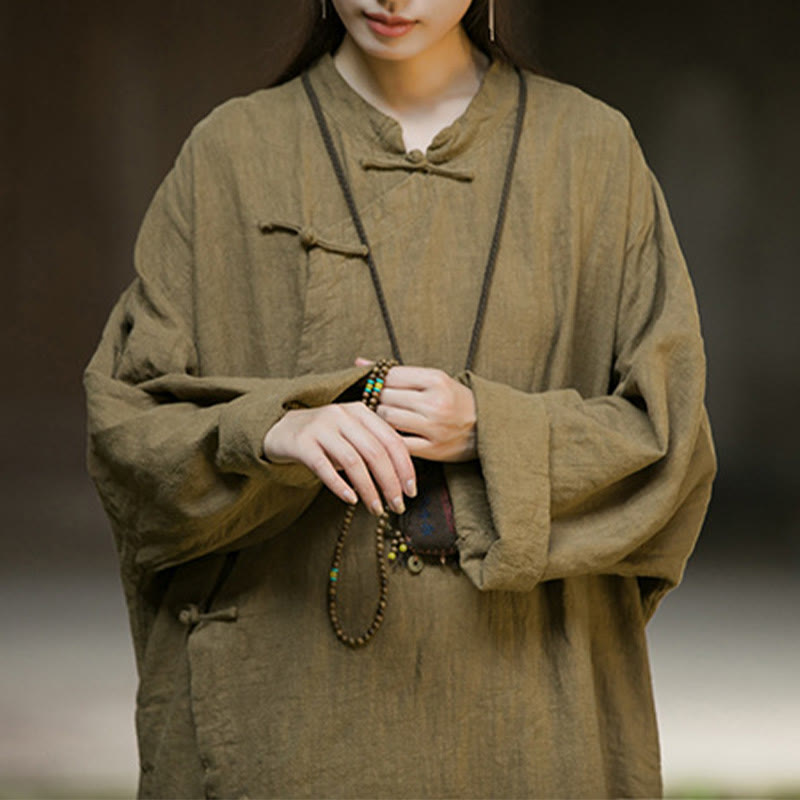 Buddha Stones – Einfarbiges, langärmliges Midikleid aus Ramie-Leinen mit Froschknöpfen - image 11