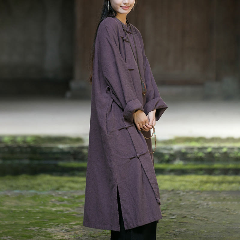 Buddha Stones – Einfarbiges, langärmliges Midikleid aus Ramie-Leinen mit Froschknöpfen