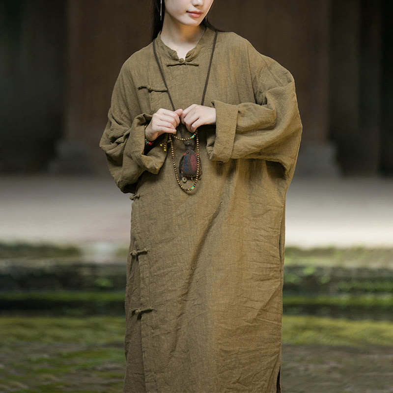Buddha Stones – Einfarbiges, langärmliges Midikleid aus Ramie-Leinen mit Froschknöpfen - image 10