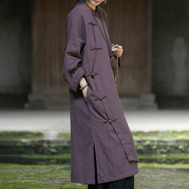 Buddha Stones – Einfarbiges, langärmliges Midikleid aus Ramie-Leinen mit Froschknöpfen - image 19