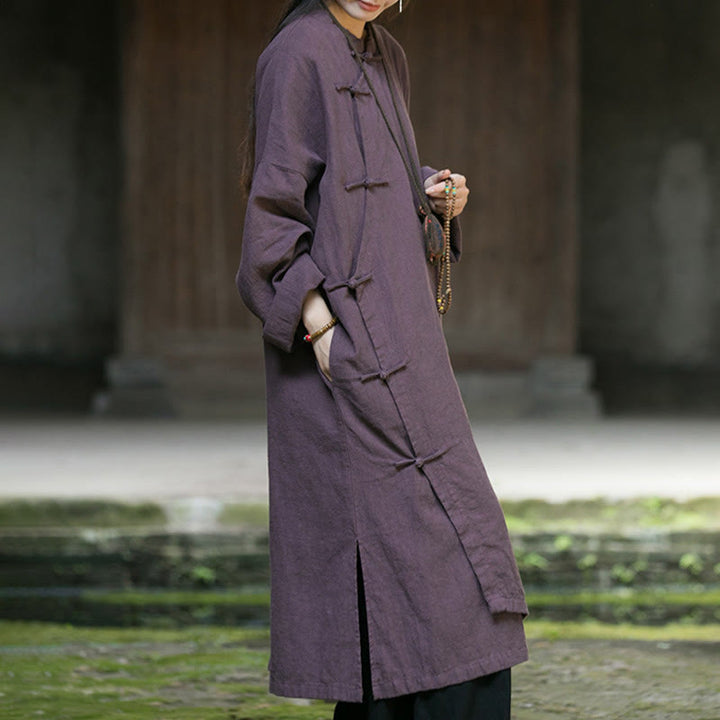 Buddha Stones – Einfarbiges, langärmliges Midikleid aus Ramie-Leinen mit Froschknöpfen - image 19