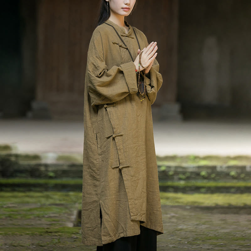 Buddha Stones – Einfarbiges, langärmliges Midikleid aus Ramie-Leinen mit Froschknöpfen - image 7