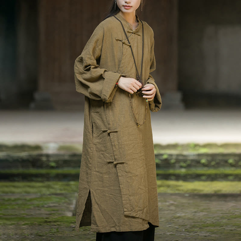 Buddha Stones – Einfarbiges, langärmliges Midikleid aus Ramie-Leinen mit Froschknöpfen - image 2
