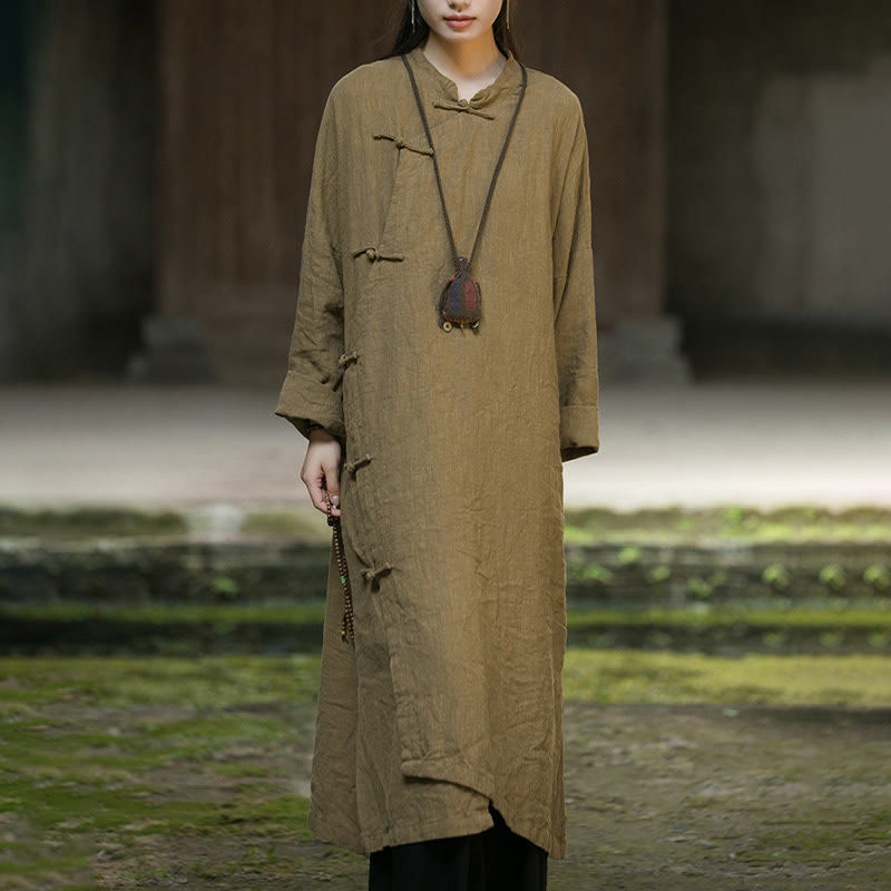 Buddha Stones – Einfarbiges, langärmliges Midikleid aus Ramie-Leinen mit Froschknöpfen - image 1