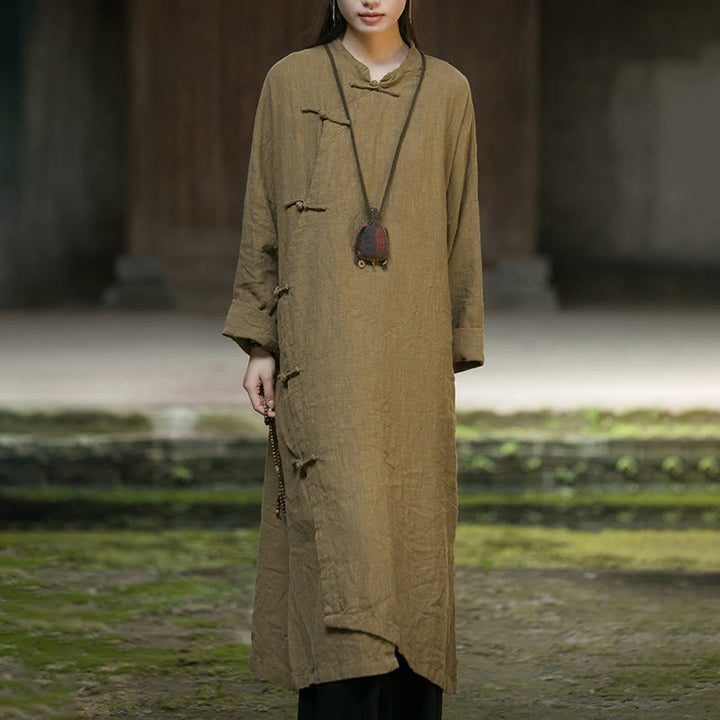 Buddha Stones – Einfarbiges, langärmliges Midikleid aus Ramie-Leinen mit Froschknöpfen - image 1