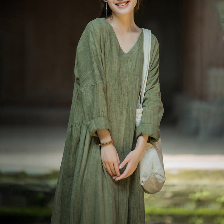 Buddha Stones Einfarbiges chinesisches V-Ausschnitt Langarm Midikleid aus Ramie-Leinen