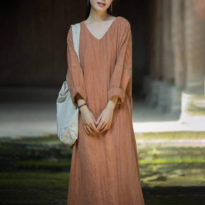 Buddha Stones Einfarbiges chinesisches V-Ausschnitt Langarm Midikleid aus Ramie-Leinen