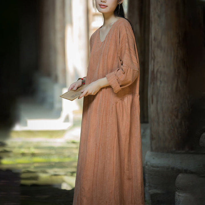 Buddha Stones Einfarbiges chinesisches V-Ausschnitt Langarm Midikleid aus Ramie-Leinen