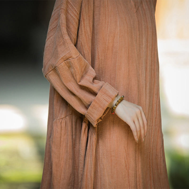 Buddha Stones Einfarbiges chinesisches V-Ausschnitt Langarm Midikleid aus Ramie-Leinen