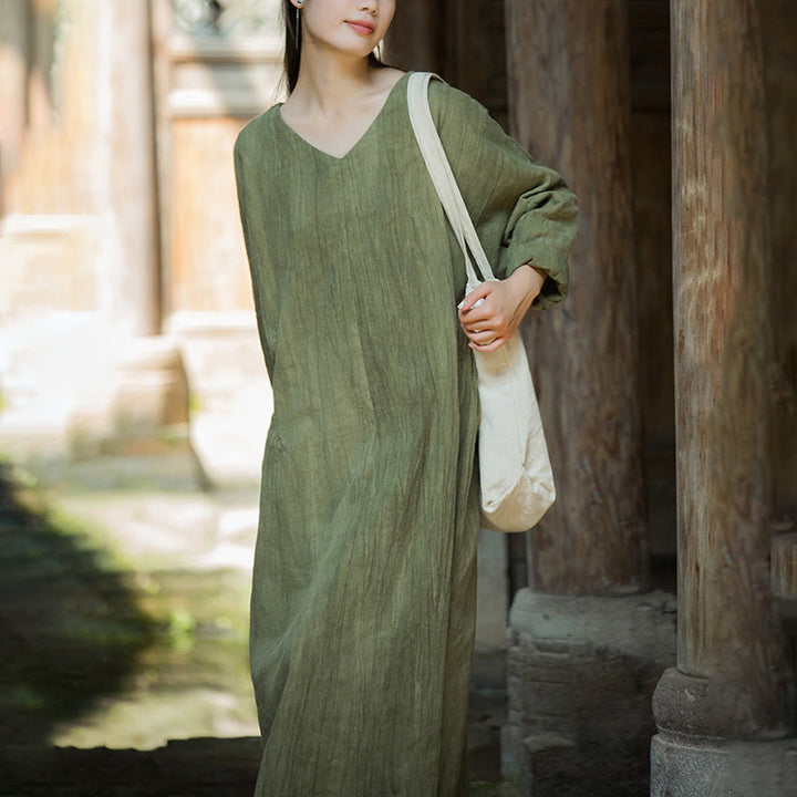 Buddha Stones Einfarbiges chinesisches V-Ausschnitt Langarm Midikleid aus Ramie-Leinen