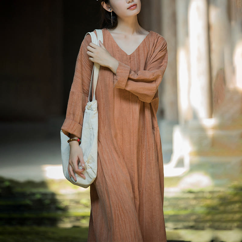 Buddha Stones Einfarbiges chinesisches V-Ausschnitt Langarm Midikleid aus Ramie-Leinen