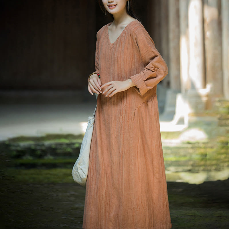 Buddha Stones Einfarbiges chinesisches V-Ausschnitt Langarm Midikleid aus Ramie-Leinen