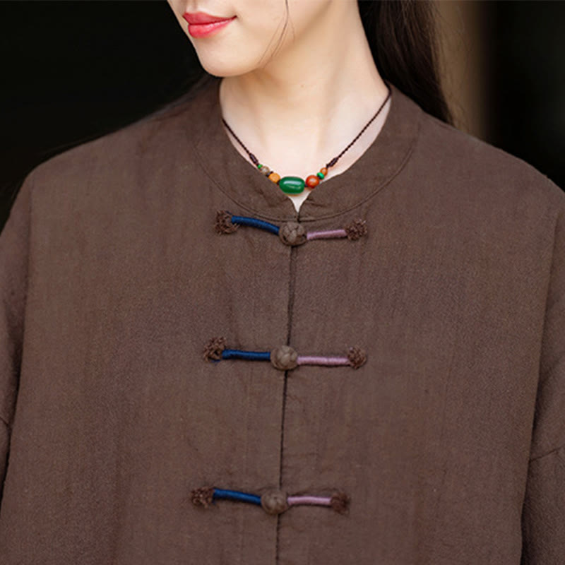 Buddha Stones Einfarbig Zweifarbig Froschknopf Langarm Ramie Leinen Damenhemd - image 19