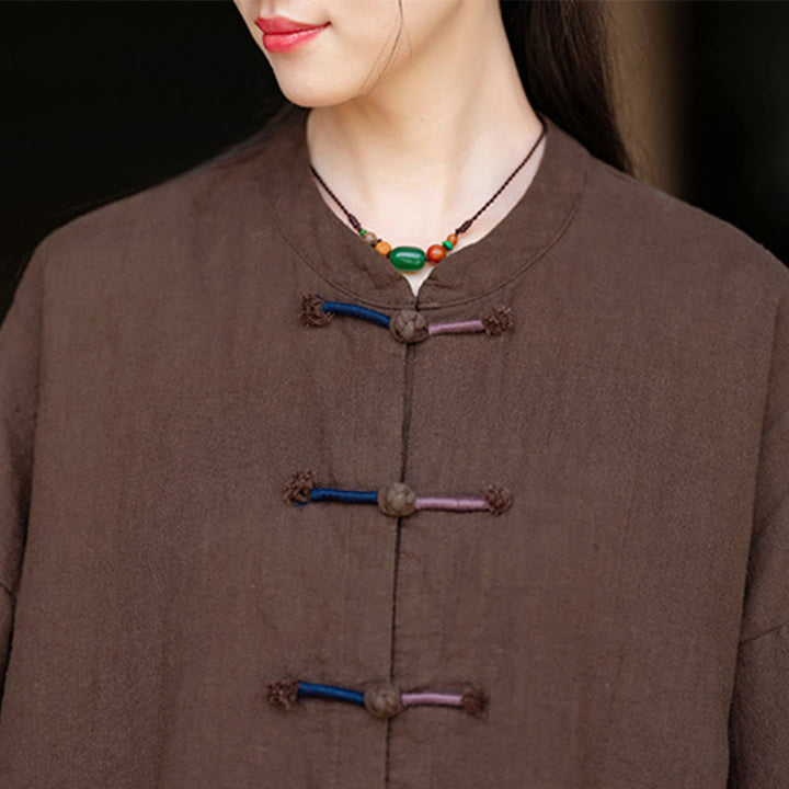 Buddha Stones Einfarbig Zweifarbig Froschknopf Langarm Ramie Leinen Damenhemd - image 19