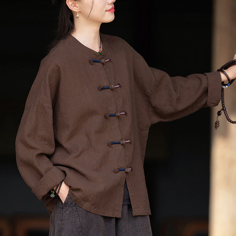 Buddha Stones Einfarbig Zweifarbig Froschknopf Langarm Ramie Leinen Damenhemd - image 11