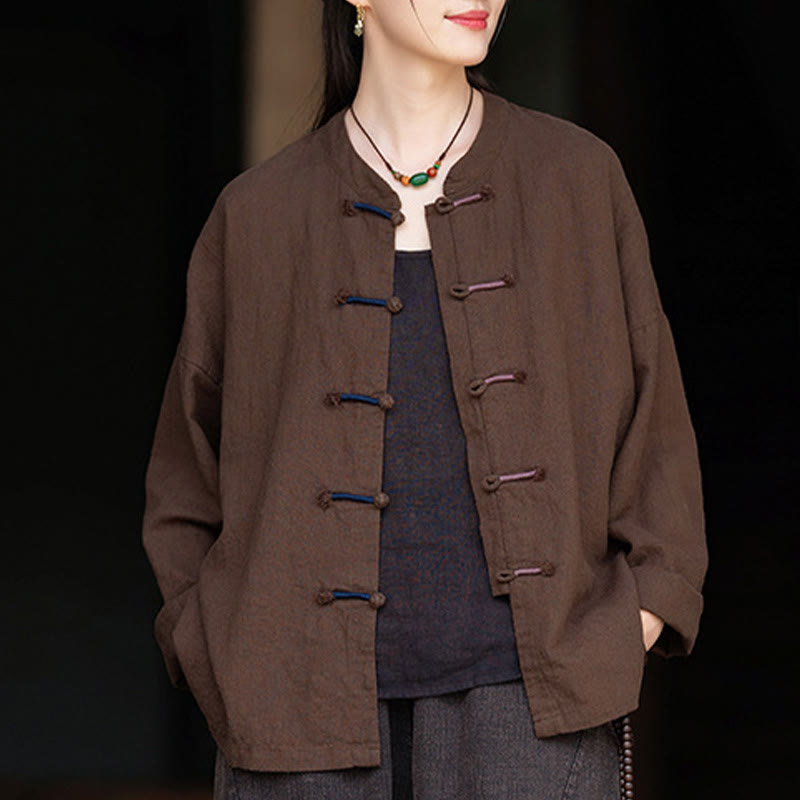 Buddha Stones Einfarbig Zweifarbig Froschknopf Langarm Ramie Leinen Damenhemd - image 18