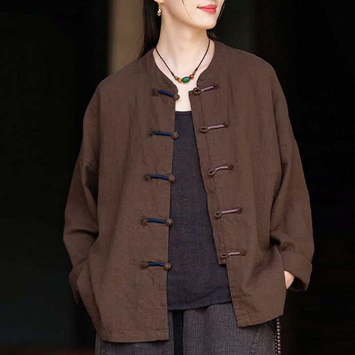 Buddha Stones Einfarbig Zweifarbig Froschknopf Langarm Ramie Leinen Damenhemd - image 18