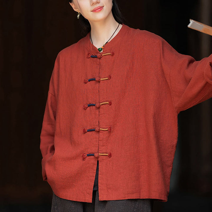 Buddha Stones Einfarbig Zweifarbig Froschknopf Langarm Ramie Leinen Damenhemd - Rot - US4-12, UK/AU8-16, EU36-44 (F) - image 21
