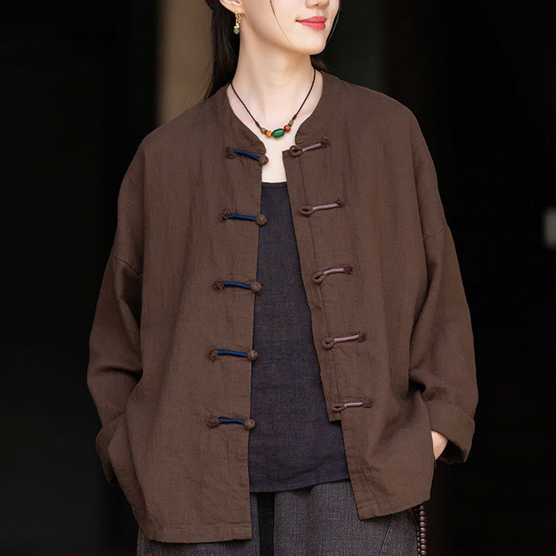 Buddha Stones Einfarbig Zweifarbig Froschknopf Langarm Ramie Leinen Damenhemd - image 16