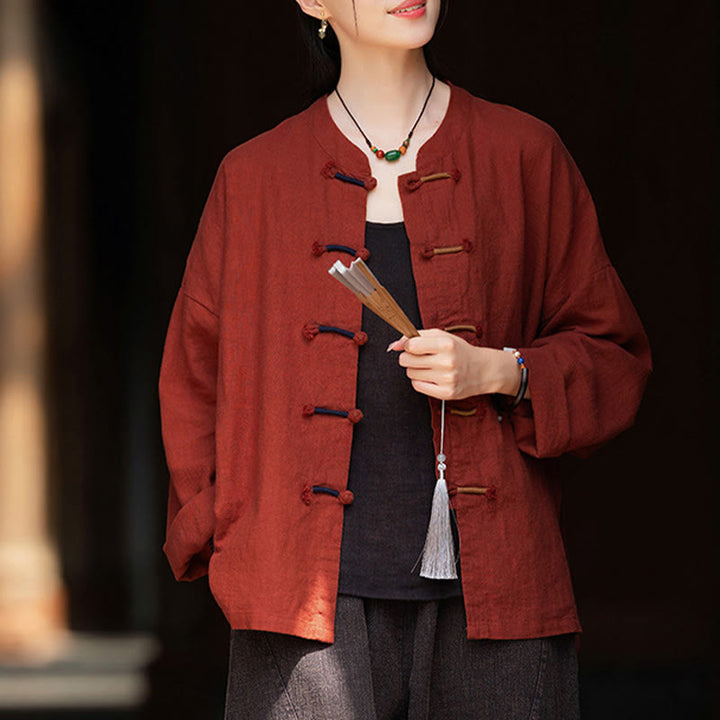 Buddha Stones Einfarbig Zweifarbig Froschknopf Langarm Ramie Leinen Damenhemd - image 26