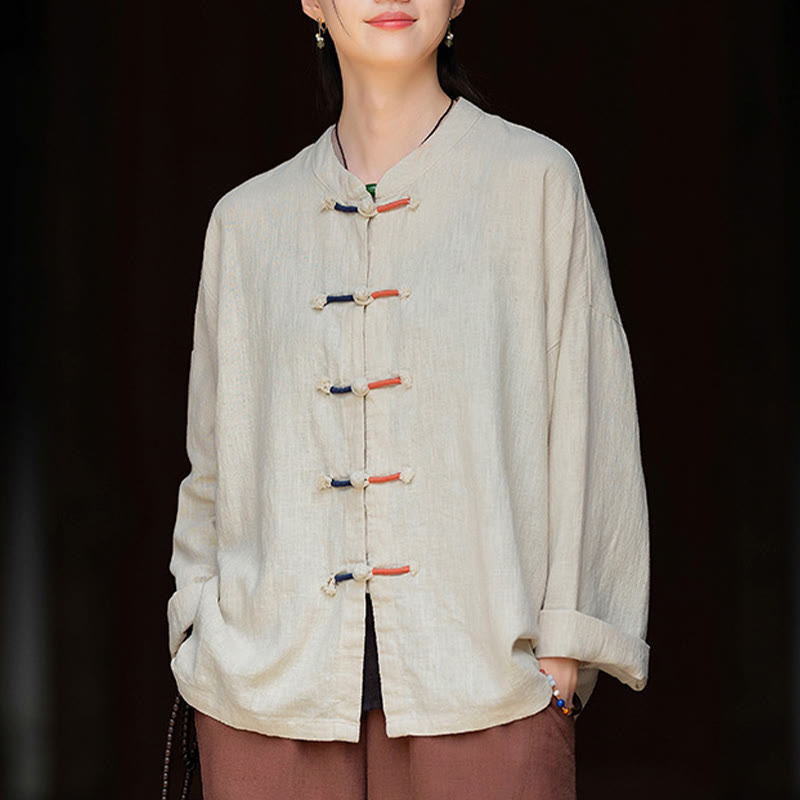 Buddha Stones Einfarbig Zweifarbig Froschknopf Langarm Ramie Leinen Damenhemd - Beige - US4-12, UK/AU8-16, EU36-44 (F) - image 0