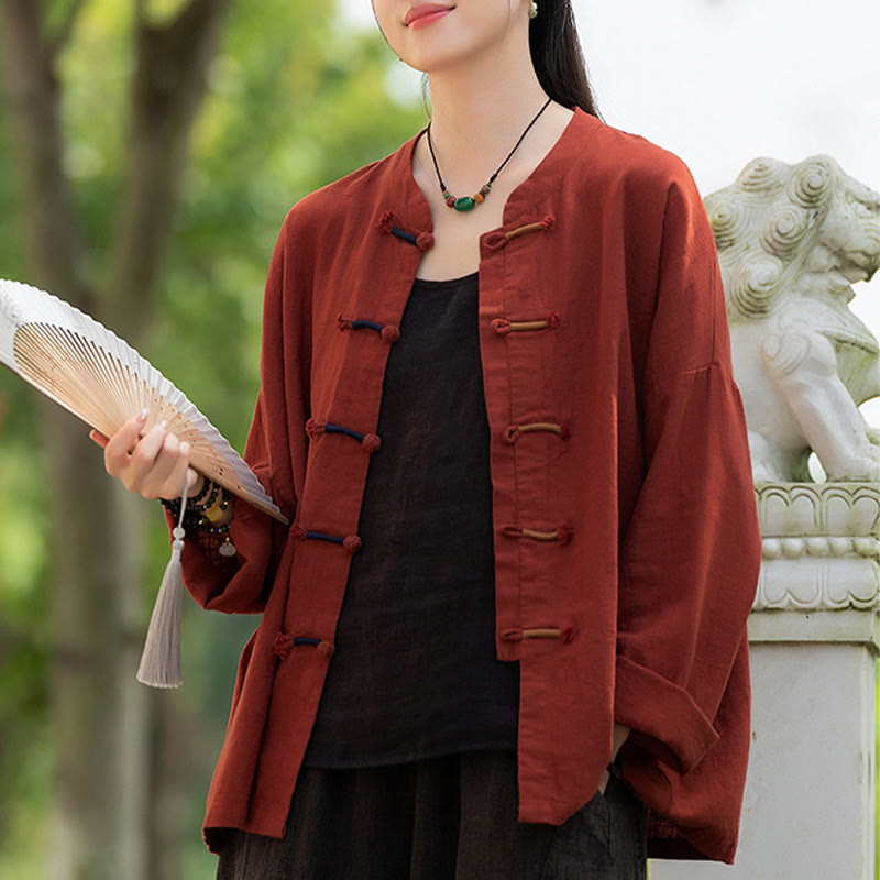 Buddha Stones Einfarbig Zweifarbig Froschknopf Langarm Ramie Leinen Damenhemd - image 29