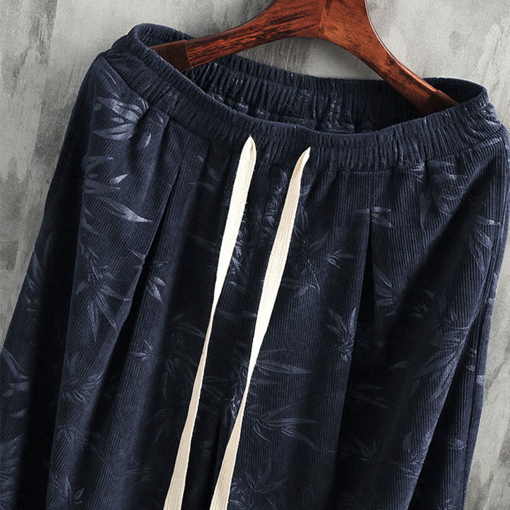 Buddha Stones Bambusblätter Cordhose aus Baumwolle mit Kordelzug und weitem Bein und Taschen für Herren - image 1