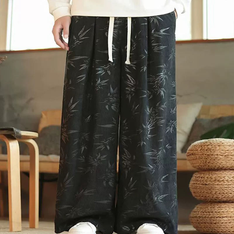 Buddha Stones Bambusblätter Cordhose aus Baumwolle mit Kordelzug und weitem Bein und Taschen für Herren