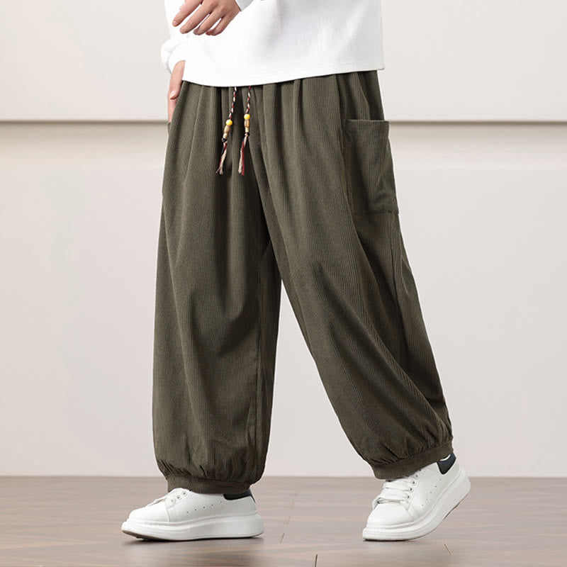 Buddha Stones Haremshose für Herren aus Cord in Volltonfarbe mit Kordelzug und Taschen - Olive - US/ UK/AU46, EU56 (5XL) - image 0