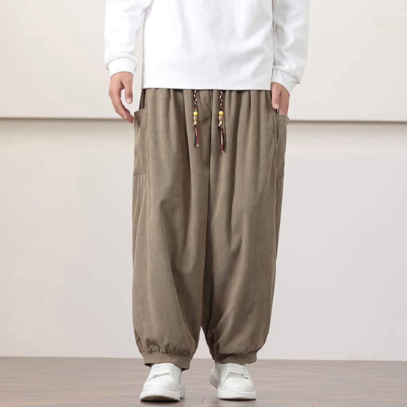 Buddha Stones Haremshose für Herren aus Cord in Volltonfarbe mit Kordelzug und Taschen - image 22