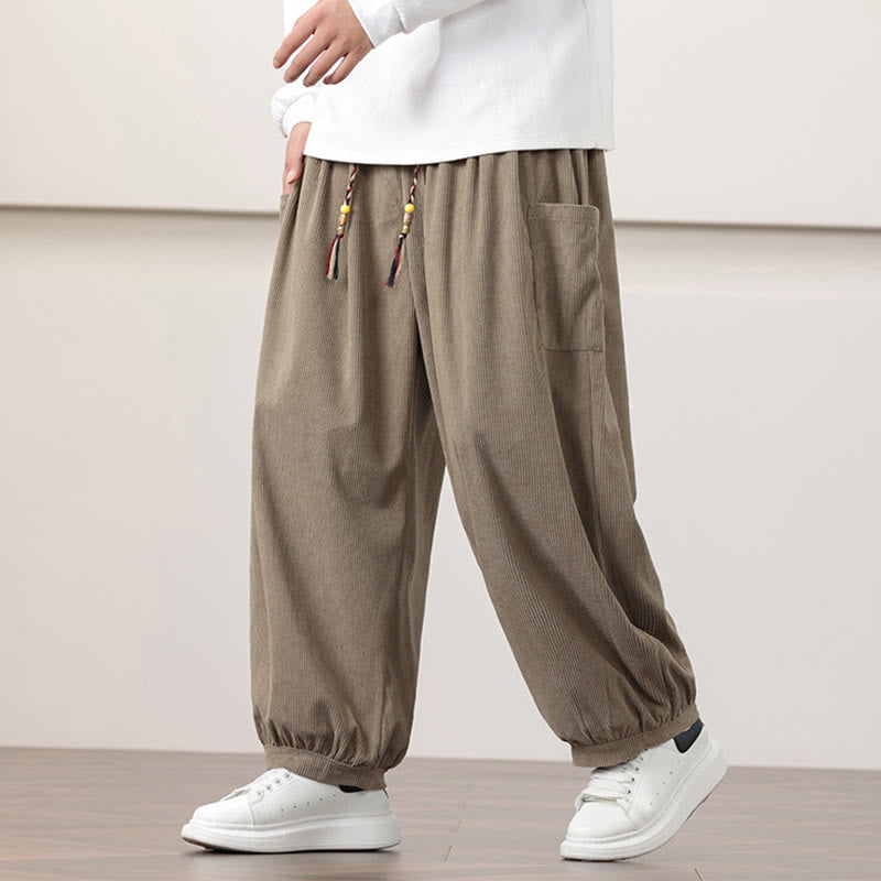 Buddha Stones Haremshose für Herren aus Cord in Volltonfarbe mit Kordelzug und Taschen - Dunkelkhaki - US/ UK/AU46, EU56 (5XL) - image 21